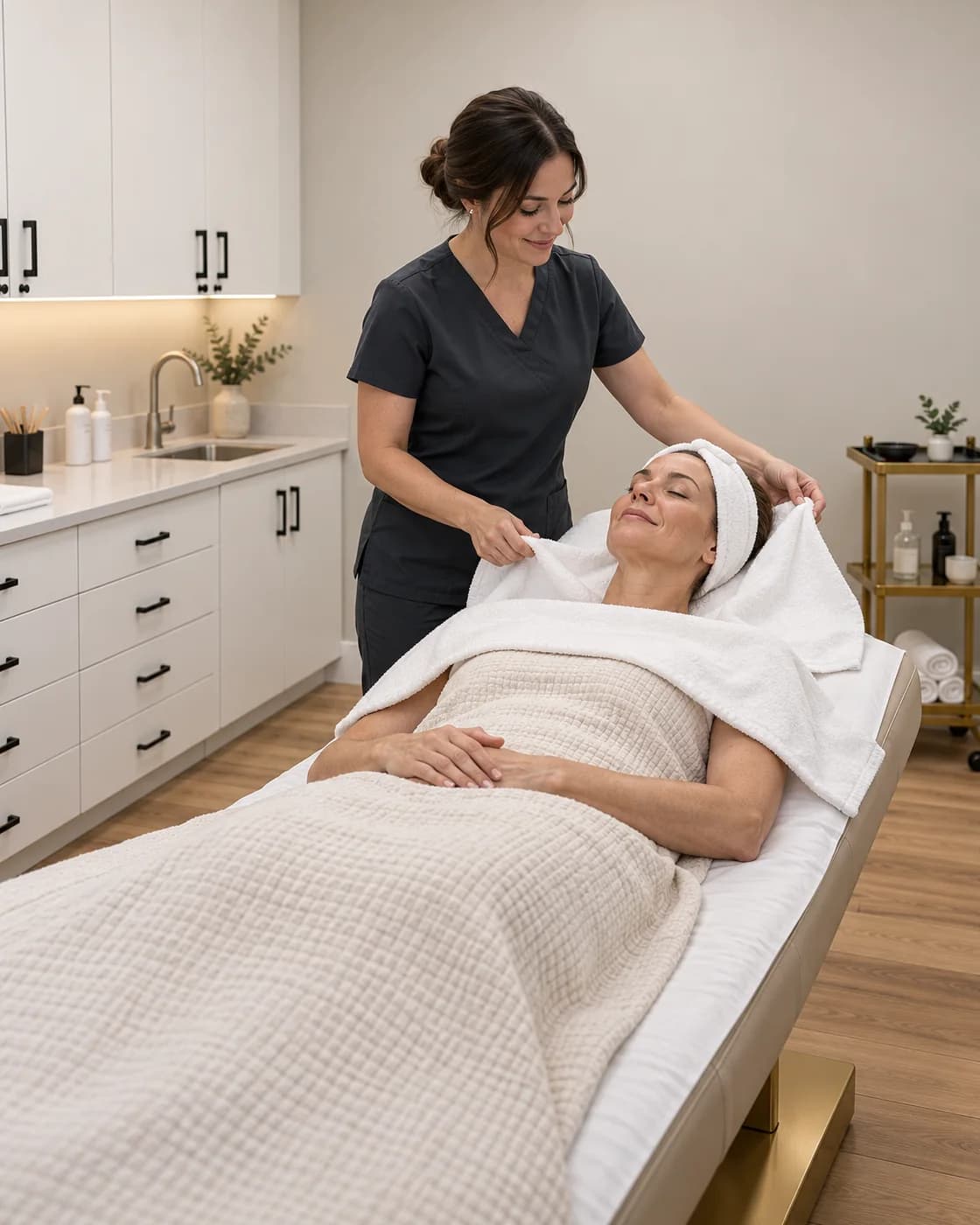 Fictional client receiving gentle facial-care preparation.