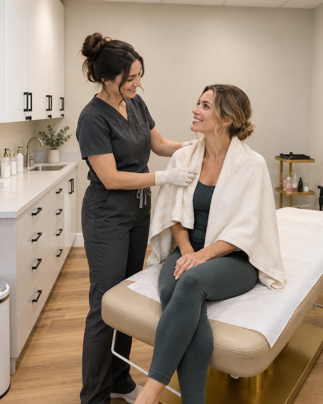 Fictional clinician helping a client settle comfortably before care.
